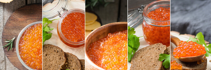 Food collage. Collage of various photos with red caviar. Banner