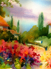 Watercolor colorful bright textured abstract background handmade . Mediterranean landscape . Painting of architecture and vegetation of the park , made in the technique of watercolors from nature