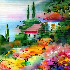 Fototapeta na wymiar Watercolor colorful bright textured abstract background handmade . Mediterranean landscape . Painting of architecture and vegetation of the park , made in the technique of watercolors from nature
