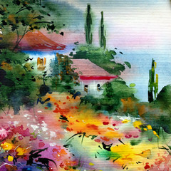 Fototapeta na wymiar Watercolor colorful bright textured abstract background handmade . Mediterranean landscape . Painting of architecture and vegetation of the park , made in the technique of watercolors from nature