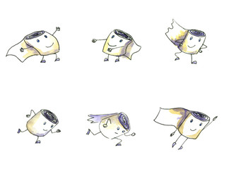 Watercolor drawing toilet paper characters smiling, running, dancing flying