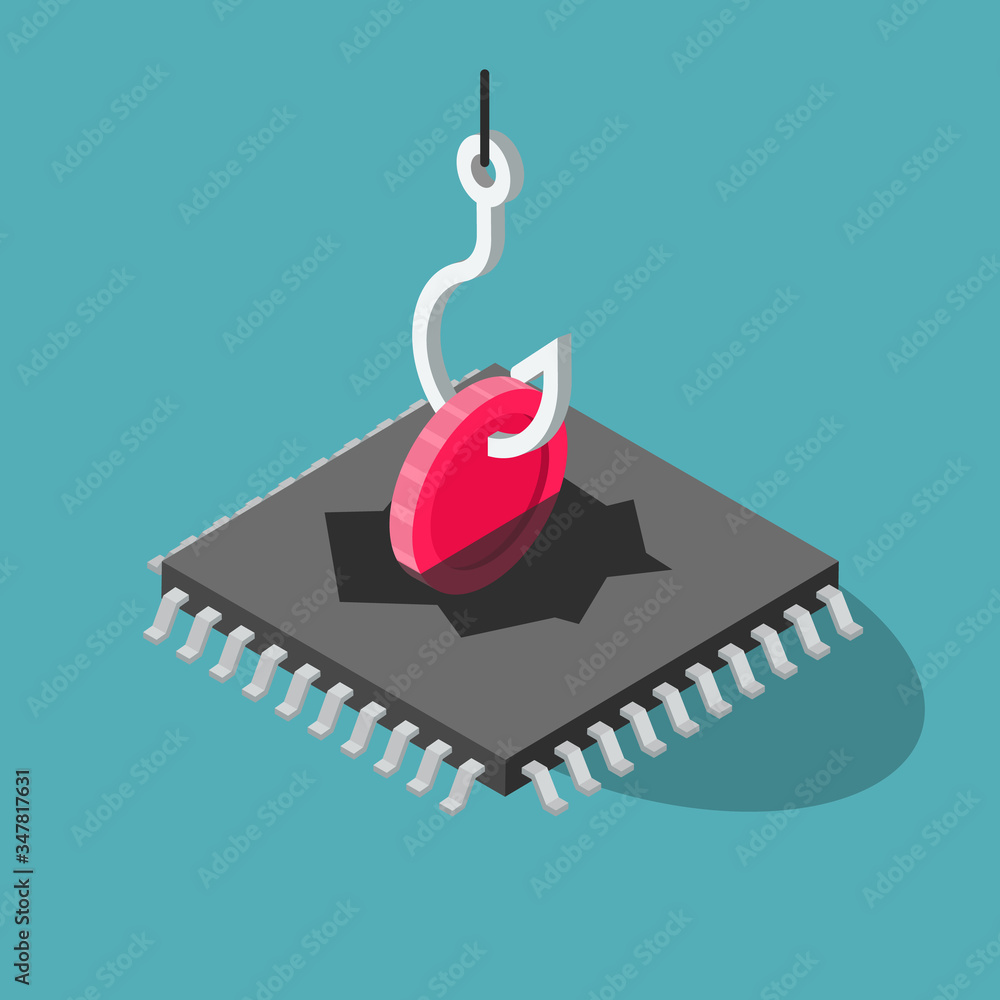 Aufkleber Cryptocurrency mining malware symbol with a cpu processor, red coin and fishing hook. Flat design, easy to use for your website or presentation.
