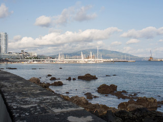 Waterfront and marina in Ponta Delgada, Sao Miguel, Azores Islands, Portugal