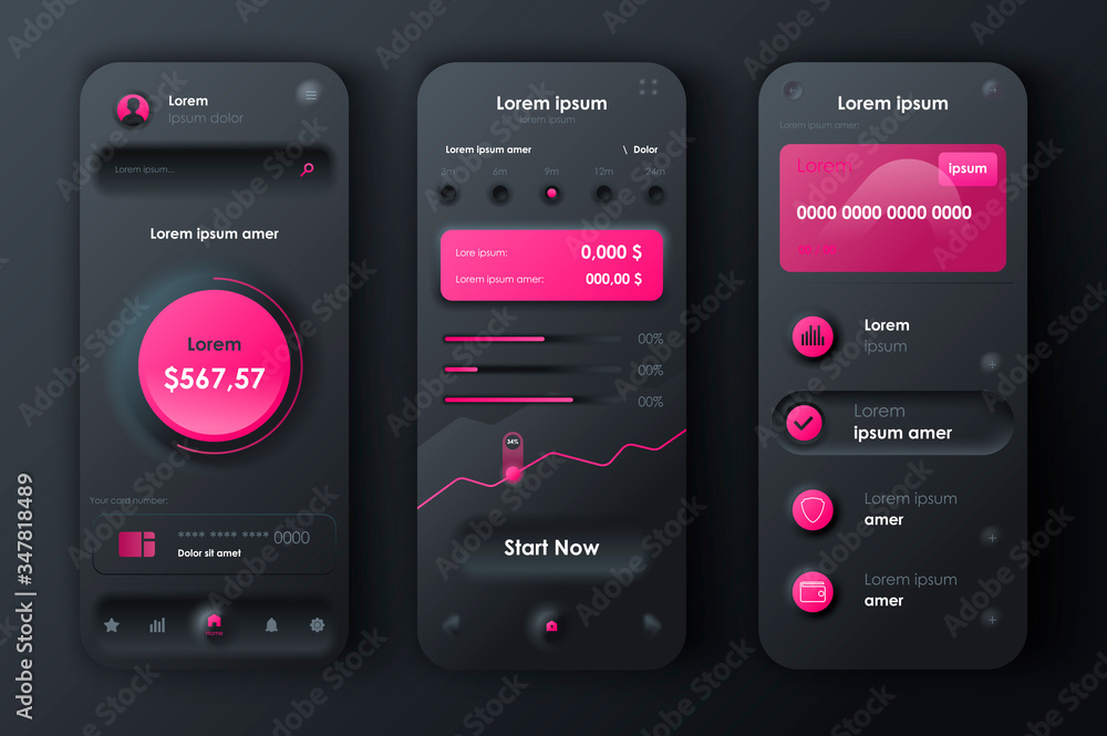 Poster finance services unique neomorphic design kit for mobile app neomorphism style. online banking scree