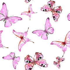 Fototapeta na wymiar pattern, beautiful pink blue butterflies,watercolor,isolated on a white background