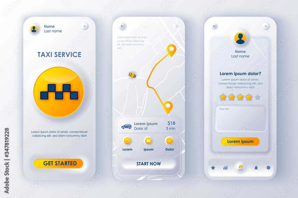 Poster taxi service unique neomorphic design kit for mobile app neomorphism style. online taxi booking scre