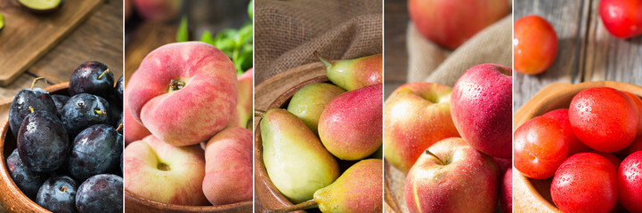 Collage of photos with different fruits. Food collage. Banner	