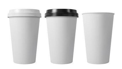 Paper coffee cups with black and white lids. Open and closed paper cup. Realistic vector mockup.