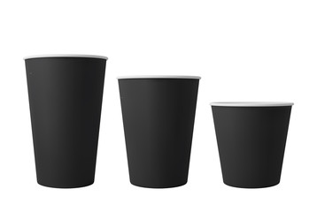 Black open paper coffee cups. Realistic vector mockup.