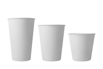 White open paper coffee cups. Realistic vector mockup.