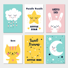 Little cat, rabbit, cloud, moon and star, cute characters set, posters for baby room, greeting cards, kids and baby t-shirts and wear