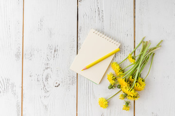 Bright dandelions, notebook with a blank page for Your inscriptions, vintage spoons on a beautiful, white, wooden table.