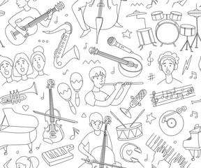 Handdrawn concept on music festival - musicians and musical instruments