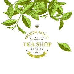 Tea shop emblem with hand drawn tea leaves