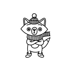 The character of the fox in winter clothes - a knitted hat, scarf and ugg boots - bulges his eyes from the cold, because he froze. Cartoon animal for Christmas decorations. Doodle black and white line