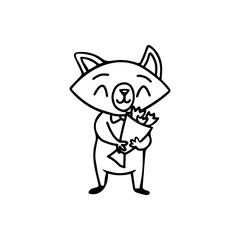 Character fox boy with bow tie happy holds bouquet with tulips. Cartoon animals for a birthday, International Women's Day, Valentine's Day or other holiday decorations. Doodle black and white line art