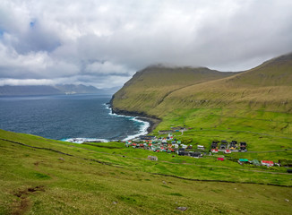 Gjogv village near the ocean top view in Faroe Islands