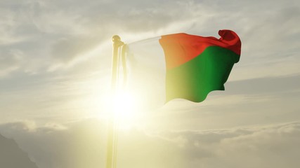 Flag of Madagascar Waving in the wind, Sky and Sun Background, Slow Motion, Realistic Animation, 4K UHD 60 FPS Slow-Motion
