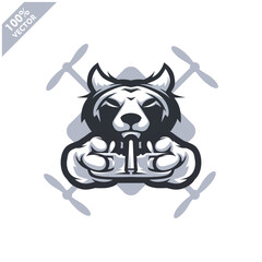 Wolf holding Drone controller. Mascot logo for drone racing team, drone club or store. Design element for company logo, label, apparel or other merchandise. Scalable and editable vector illustration.