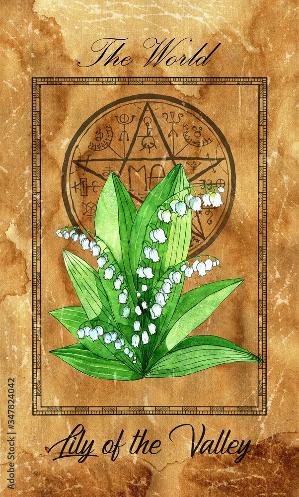 Wall mural The World. Major Arcana tarot card with Lily of the Valley and magic seal.