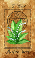 The World. Major Arcana tarot card with Lily of the Valley and magic seal.
