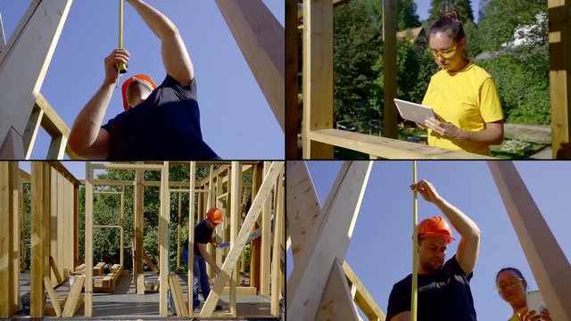 man and woman are working on construction of wooden house, collage shot