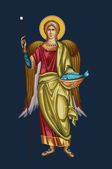 Obraz premium Raphael archangel. God who heals. Healing of Tobit with the fish's gall. Illustration in Byzantine style