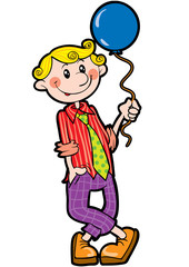 cartoon style boy holding a balloon in his hands isolated object on a white background, vector illustration,