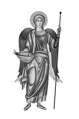 Raphael archangel. God who heals. Healing of Tobit with the fish's gall. Illustration in Byzantine style black and white