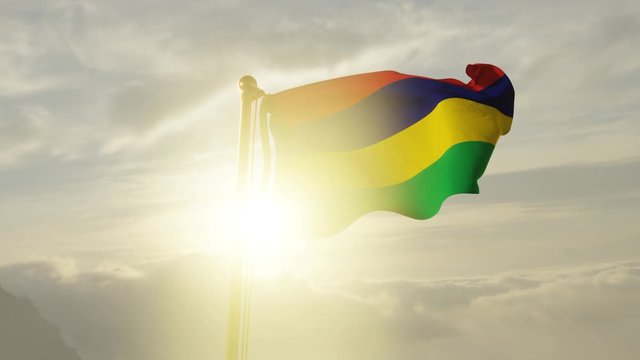 Flag of Mauritius Waving in the wind, Sky and Sun Background, Slow Motion, Realistic Animation, 4K UHD 60 FPS Slow-Motion