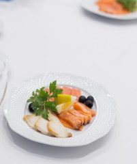 Meat and fish light cuts appetizer for wine