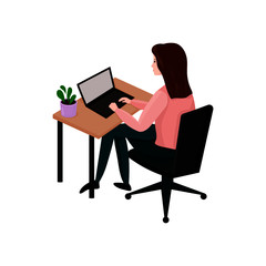 Woman working at home sitting in the table. Vector cartoon illustration. Online education.