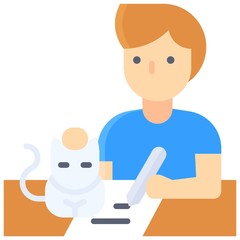 Man writing on paper with cat, work from home