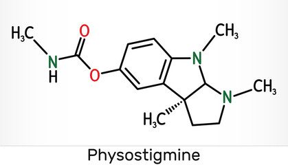 Physostigmine, eserine, C15H21N3O2 molecule. It is cholinesterase inhibitor, toxic parasympathomimetic indole alkaloid. Skeletal chemical formula