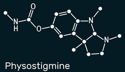 Physostigmine, eserine, C15H21N3O2 molecule. It is cholinesterase inhibitor, toxic parasympathomimetic indole alkaloid. Skeletal chemical formula on the dark blue background