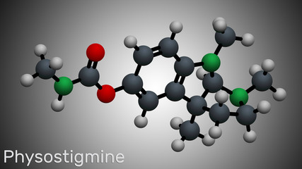 Physostigmine, eserine, C15H21N3O2 molecule. It is cholinesterase inhibitor, toxic parasympathomimetic indole alkaloid. Molecular model