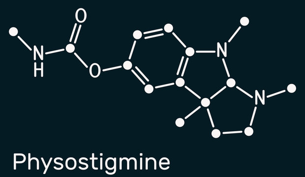 Physostigmine, eserine, C15H21N3O2 molecule. It is cholinesterase inhibitor, toxic parasympathomimetic indole alkaloid. Skeletal chemical formula on the dark blue background