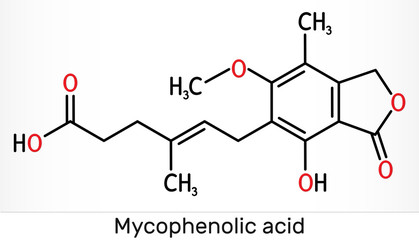 Mycophenolic acid, MPA, mycophenolate, C17H20O6 molecule. It is an immunosuppresant drug and potent anti-proliferative. Skeletal chemical formula