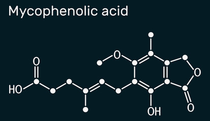 Mycophenolic acid, MPA, mycophenolate, C17H20O6 molecule. It is an immunosuppresant drug and potent anti-proliferative. Skeletal chemical formula on the dark blue background