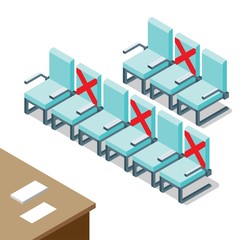 Social Distancing Concept Showing Chairs Crossed to Create Space in Between in Isometric Vector Illustration