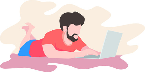 Freelance man work in comfortable conditions set vector flat illustration.
 Freelancer character working from home or beach at relaxed pace, 
convenient workplace. Man and woman self employed concept