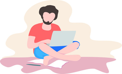 Freelance man work in comfortable conditions set vector flat illustration.
 Freelancer character working from home or beach at relaxed pace, 
convenient workplace. Man and woman self employed concept