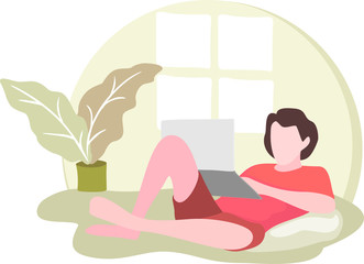 Freelance man work in comfortable conditions set vector flat illustration.
 Freelancer character working from home or beach at relaxed pace, 
convenient workplace. Man and woman self employed concept