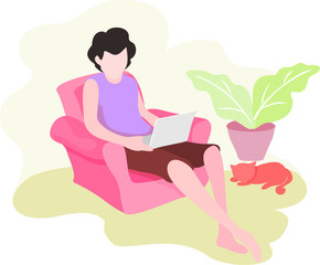 Freelance man work in comfortable conditions set vector flat illustration.
 Freelancer character working from home or beach at relaxed pace, 
convenient workplace. Man and woman self employed concept