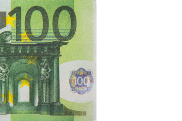 Part of a 100-euro banknote on a white background