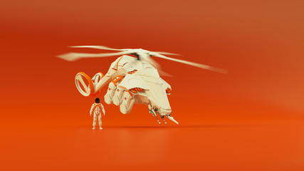 Futuristic Helicopter Hovering White an Orange with Advanced Crew Member with Black Visor