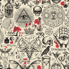 Cotton fabric Vector seamless pattern on a theme of freemasonry, satanism and occultism in retro style. Abstract repeating illustration with hand-drawn sketches and blood drops on the old paper background