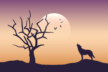 wolf is howling to the full moon scarry landscape with bare tree vector illustration EPS10