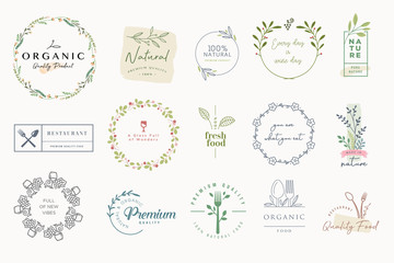 Set of labels and badges for organic and natural products. Vector illustrations for graphic and web design, marketing material, restaurant menu, food and drink,  packaging design.