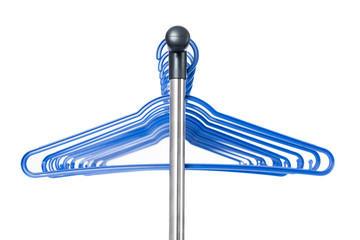 Mobile rack with empty coat hanger, isolated on white background.